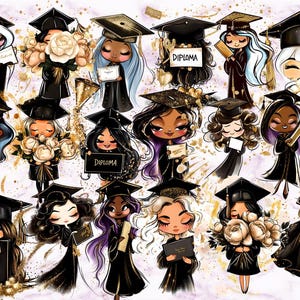 Graduation Clipart, PNG, Fashion Sublimation, Grad Girls, Illustration, Diplom, Blumen, Sublimationskunst von Drawzilula Artist, kommerzielle Nutzung