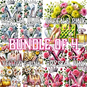 Crystal glam shoes clipart bundle, 4in1 pink blue silver heels PNG, rhinestone stiletto art, luxury fashion shoe stickers, digital download