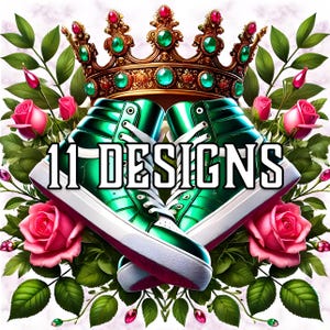 Clipart de zapatos deportivos glamorosos, 11 zapatillas verdes y corona, archivos PNG transparentes, elementos de diseño de moda, transferencia de camiseta DTF, uso comercial
