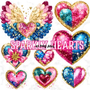 Glitter Hearts Clipart Pink Blue Gold Heart Sublimation Sparkle Valentine’s Day Digital Art Glitter Heart PNGs for Crafts & Commercial Use