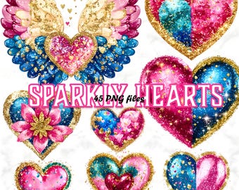 Glitter Hearts Clipart: Pink, Blue & Gold Heart PNGs (Commercial Use)