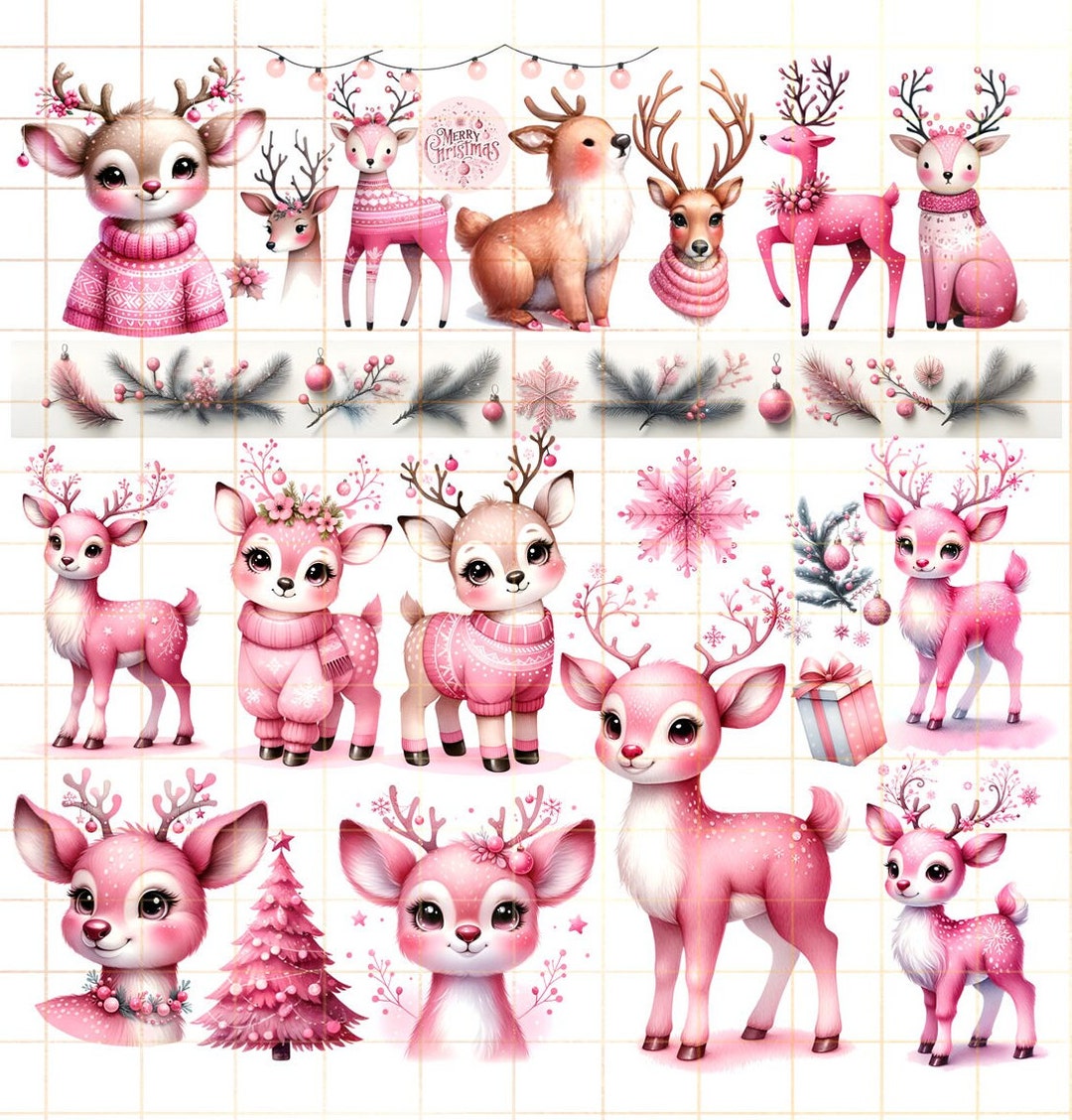 Watercolor Christmas Deer Clipart: Pink Reindeer PNG Bundle (digital ...