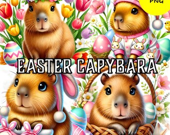 Easter Capybara Clipart, Watercolor Spring Animals (PNG, 62 Files)