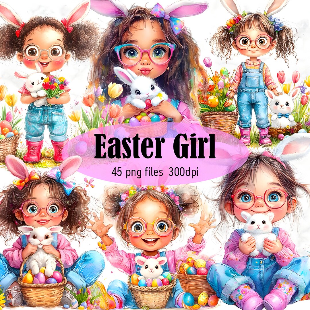 Quirky Girl Easter Bunny Clipart, Cute Bunny Egg Digital Stickers ...