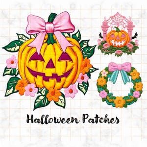 Pacchetto di clipart di toppe di Halloween con ricamo finto, disegni di Halloween con zucca, fiori e fiocchi, adesivi per pianificatori autunnali, arte della sublimazione