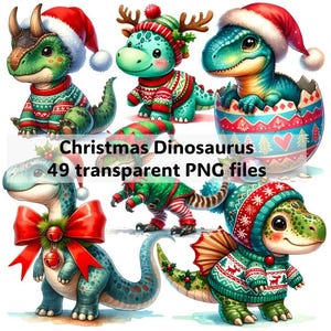 Weihnachten Dino Clipart Bundle, Aquarell Festliche Winter Dinosaurier PNG, Niedlichen Urlaub Digitale Sublimation, Transparente T-rex Design Planer