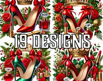 May include: A collage featuring 19 designs with high-heeled shoes, crowns, perfume bottles, and lipstick. The shoes are red and green with bows. The crowns are gold with jewels. The text "19 DESIGNS" is in the center.