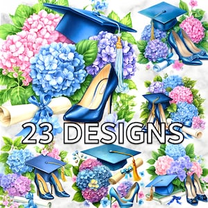 23 Aquarell Abschluss Clipart PNG, Hortensie Blaue Kappe Diplom Absätze Blumengrafik Einladungen, Sublimation, Aufkleber, digitaler Planer