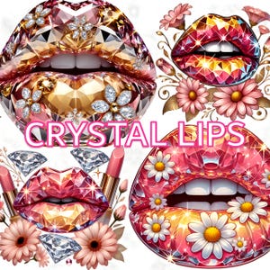 Crystal Lips Clipart, Diamond Lips PNG, Sparkly Floral Lips Digital Download, Glam Aesthetic Lip Art, Girly Sublimation Design, Glitter Kiss