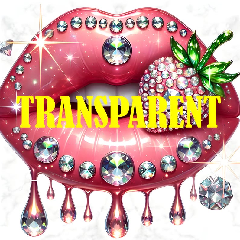 Puede incluir: Ilustraci&oacute;n digital de labios rosas brillantes adornados con pedrer&iacute;a brillante y una fresa cubierta de pedrer&iacute;a. La palabra "TRANSPARENT" est&aacute; escrita en amarillo sobre los labios. Gotas de pedrer&iacute;a gotean de la parte inferior de los labios.