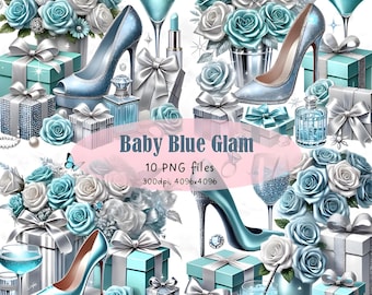 10 Baby Blue Glam Fashion Clipart Set, Luxury Shoes & Roses Digital PNGs, Pink Silver Gift Box Design Pack