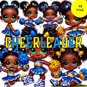 38 Clipart di cheerleader africane carine, PNG di ragazza nera, squadra di cheerleader, clipart di pompon, download digitale, tema sportivo, sublimazione, artigianato fai da te