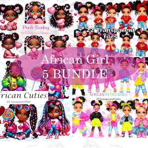 黒人の女の子のクリップアート バンドル、5 つのかわいいアフリカの赤ちゃん PNG、Dtf 転写昇華、商用利用、カラフルなデジタル プランナー シッター