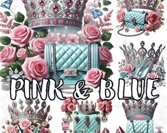 Pink Blue Glam Fashion Clipart, Crown, Heels, Purse (PNG)