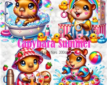 Summer Capybara Clipart Bundle: Beach Animal PNG Graphics (Digital Download)