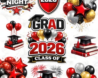Graduation 2026 Clipart Bundle, Red Black Gold Grad PNG, Senior Night Elements (Digital Download)