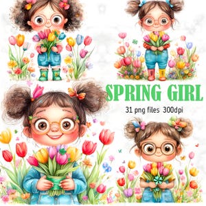 Ensemble de clipart fille printemps original, jolie fille avec des nattes, art printanier coloré, téléchargement numérique, scrapbooking, décoration enfant, adorables autocollants