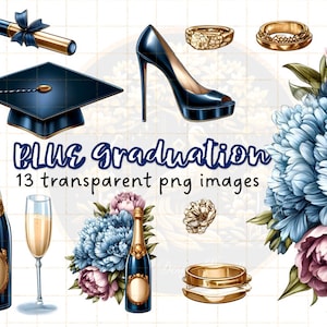 Blaues Abschluss-Clipart-Bündel, transparentes Abschlussbild, luxuriöse digitale Kunstkappen-Absatz-Champagne Blumen-Diplom, Mode-Sublimation