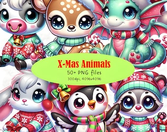 Pastel Christmas Animals Clipart, Kawaii Holiday PNG (Digital Download)