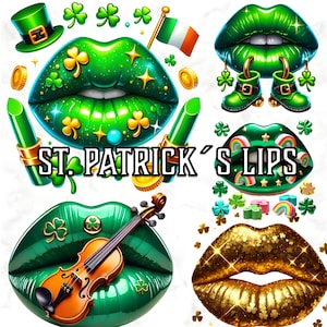 St. Patrick's Lips Clipart, 56 grüne Glitzer Lippen PNG, Irish Shamrock Lippen, Goldmünzenlippe, Lucky Lips Sublimation, St. Patrick's Day Clipart