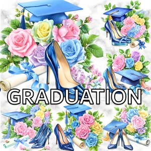 Aquarell Abschluss Clipart, Blaue Kappe & Kleid Rose Blumen PNG, High Heel Abschluss Kunst, Diplom Blumen Sublimationsgrafiken für Handwerker