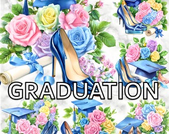 Watercolor Graduation Clipart: Blue Cap, Gown & Floral PNG (Digital Download