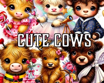 Clipart di mucca delle Highland di San Valentino, pacchetto di mucche acquerello kawaii (PNG)