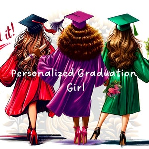 Personalisierte Abschluss-Cliparts für Mädchen, individuelle Abschluss-Illustration, digitaler Download, vielfältige Abschlusskunst, Absolventen-Clipart-Set