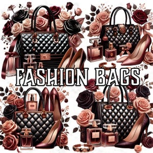9 cliparts mode luxe, sac à main noir mode luxe et PNG Rose, sublimation de parfum à talons hauts, graphiques numériques chics, bordeaux tendance