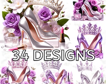 Lila en zilver glamoureuze clipartbundel: hoge hakken, kronen, bloemen (digitale png-download