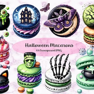 Bundle de cliparts macarons d'Halloween, 64 motifs PNG à sublimation, bonbons effrayants, desserts d'Halloween, autocollants pour agenda numérique, usage commercial