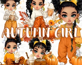 Clipart di ragazza latina autunnale: moda autunnale PNG, zucca speziata (download digitale)