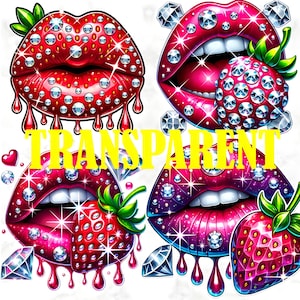 Puede incluir: Cuatro ilustraciones digitales de labios y fresas estilizados. Los labios son rojos y rosas, adornados con brillantes pedrer&iacute;a. Algunos labios tienen fresas con detalles de pedrer&iacute;a. La palabra "TRANSPARENT" est&aacute; en amarillo en la imagen.