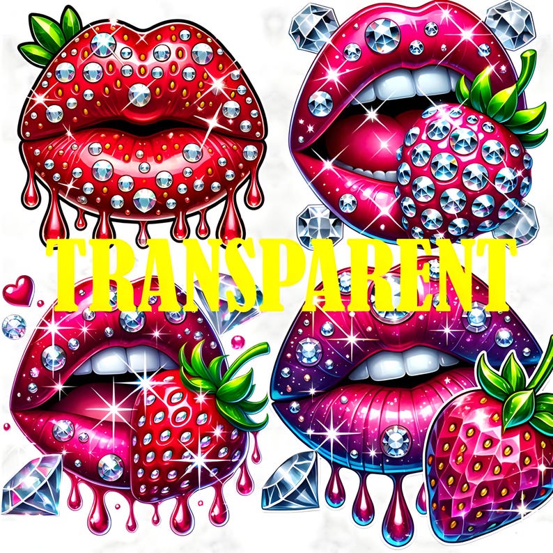 Puede incluir: Cuatro ilustraciones digitales de labios y fresas estilizados. Los labios son rojos y rosas, adornados con brillantes pedrer&iacute;a. Algunos labios tienen fresas con detalles de pedrer&iacute;a. La palabra "TRANSPARENT" est&aacute; en amarillo en la imagen.