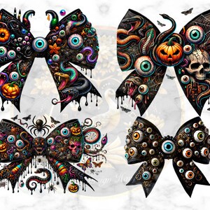 May include: Four black bow designs with a Halloween theme. Each bow is decorated with various spooky elements, including eyeballs, snakes, spiders, pumpkins, and skulls. The bows are dripping with black liquid.