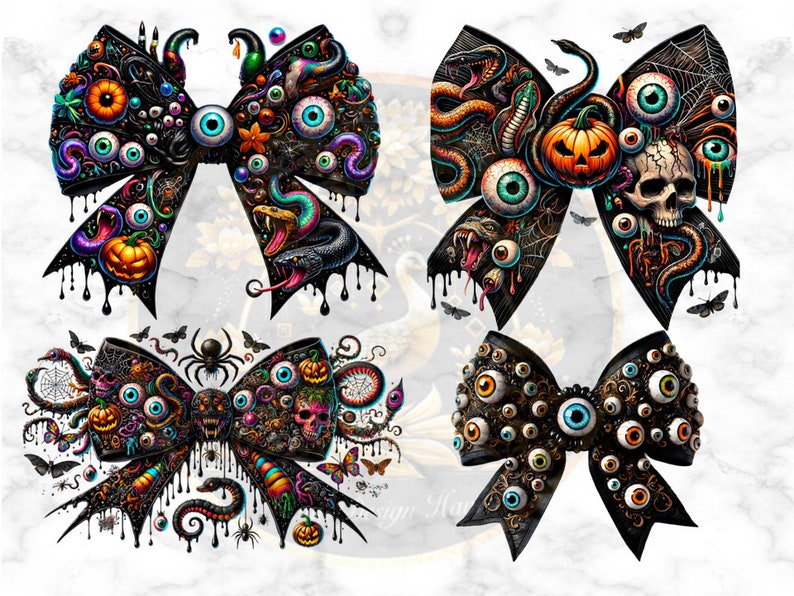 May include: Four black bow designs with a Halloween theme. Each bow is decorated with various spooky elements, including eyeballs, snakes, spiders, pumpkins, and skulls. The bows are dripping with black liquid.
