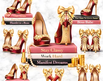 Glam Heels Clipart Bundle, Boss Babe PNG, Luxury Fashion Shoes Clipart, Red Gold High Heels, Feminine Quote Clipart, Instant Download