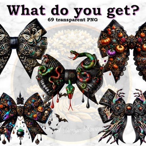 May include: Set of four black Halloween-themed bows with various embellishments, including snakes, pumpkins, and hands. The bows are decorated with gold and iridescent accents.