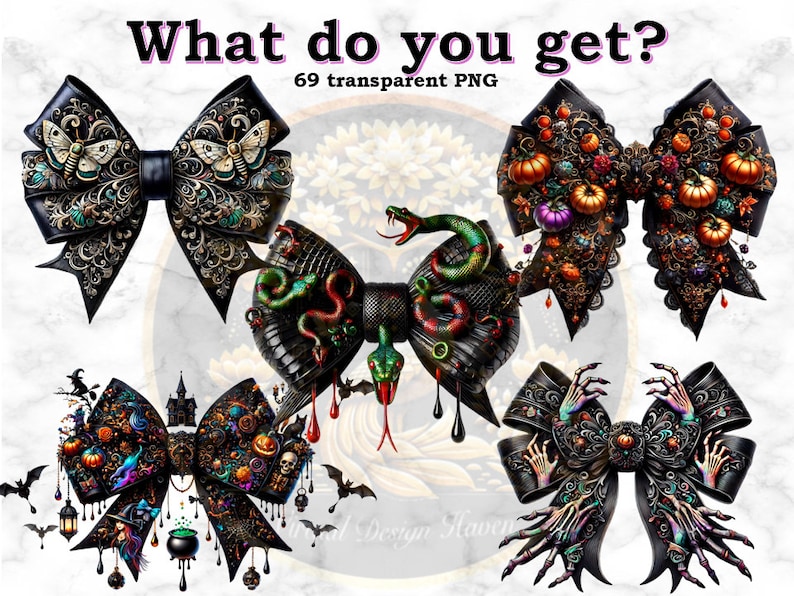 May include: Set of four black Halloween-themed bows with various embellishments, including snakes, pumpkins, and hands. The bows are decorated with gold and iridescent accents.