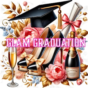 12 Graduação Clipart, Glam Graduação PNG, Salto Alto Graduação, Boné Diploma PNG, Graduação Champanhe, Elegante Graduação Clipart, Grad DTF
