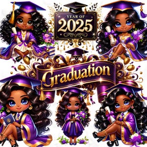 Clipart di laurea 2025, ragazza nera, PNG di laurea viola e oro, download digitale di laurea afroamericana, clipart per uso commerciale