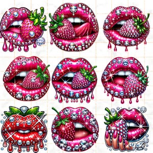Puede incluir: Nueve ilustraciones digitales de labios rosas adornados con pedrer&iacute;a y fresas. Cada dise&ntilde;o presenta una fresa, algunas con hojas verdes, y detalles goteantes. Los labios son de un rosa vibrante.