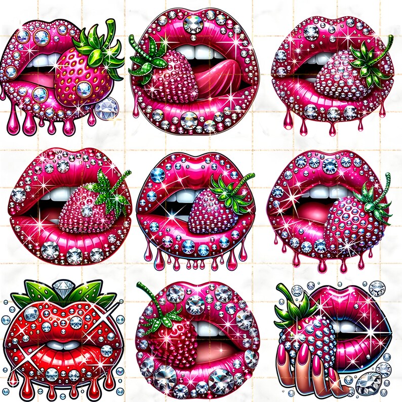 Puede incluir: Nueve ilustraciones digitales de labios rosas adornados con pedrer&iacute;a y fresas. Cada dise&ntilde;o presenta una fresa, algunas con hojas verdes, y detalles goteantes. Los labios son de un rosa vibrante.