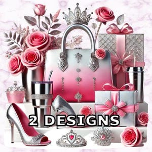 Zilver roze rozen schoenen clipart, transparante png, chique tas en schoenen, luxe fashionista essentie, verfijnde digitale kunst, modesublimatie