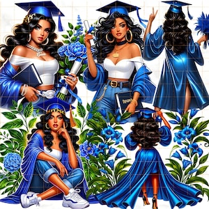 Lateinische Graduierung Mädchen PNG, 18 Blaue graduierte Mädchen Clipart, weibliche graduierte Illustrationen, Klasse von 2025, blaue Kappen-Kleid-Diplom-Blumen