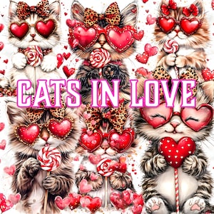 Cute Valentine Cat Clipart, Love Heart Glasses Cat PNG, Lollipop Kitty Sublimation Design, Adorable Cat T-Shirt, Digital Planner Stickers
