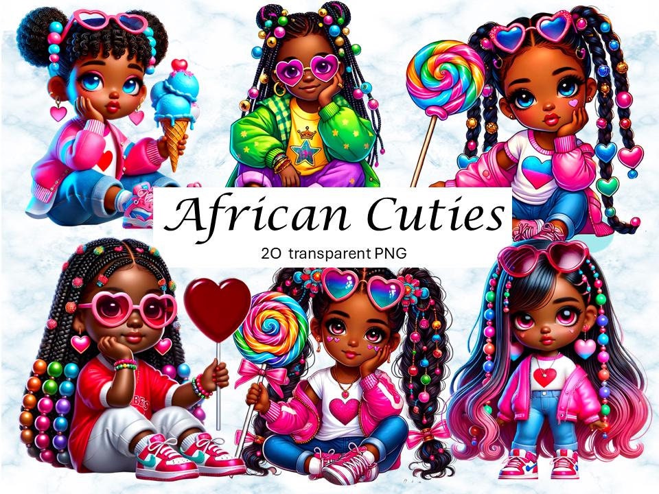 20 Cute African American Girl Clipart Bundle, Bright and Colorful Illustration, Digital Stickers, Sublimation PNG, Adorable Afro Kids Art