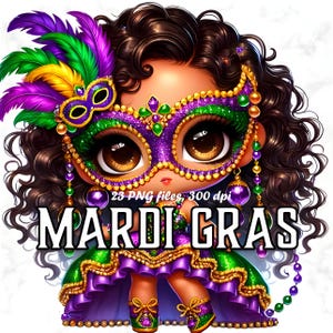 Clipart de niña de carnaval, 23 lindos gráficos de niña de carnaval chibi, calcomanías digitales de carnaval, sublimación morada y dorada, clipart de festival
