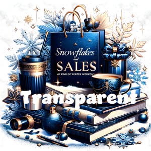 Glam Winter Clipart, Shopping Schneeflocken & Verkäufe, funkelnde Blau und Silber PNG Sublimation, Digital Planner Bling Aufkleber, Mode DTF
