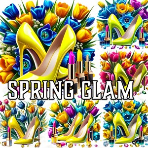 8 lente glamourschoen clipart, gele hakken png, bloemen hoge hak modekunst, luxe vrouwelijke schoenen, digitale download voor ambachten en design